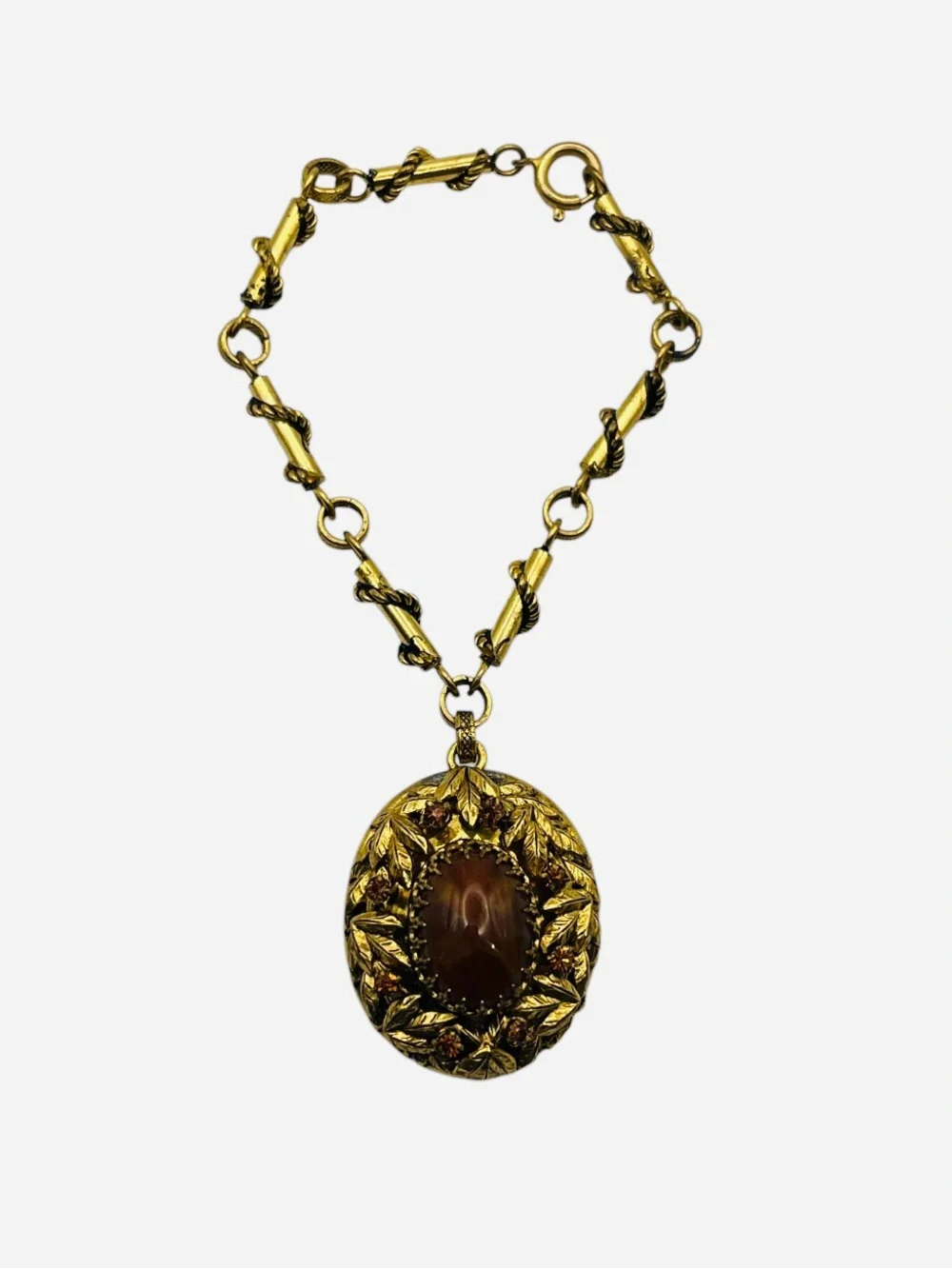 Victorian revival brown cabochon gold tone leaf rhinestone bracelet vintage